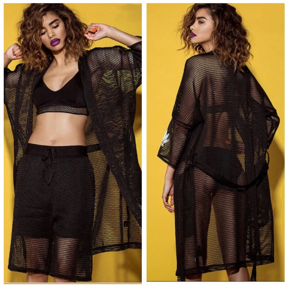 DIMEPIECE mesh robe swimsuit cover up black resort wear oversized duster dress